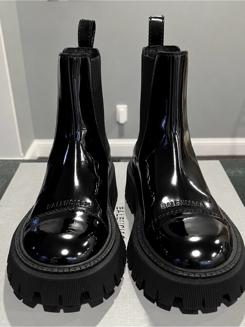 Balenciaga Black Patent Chelsea Lug Boots for Men